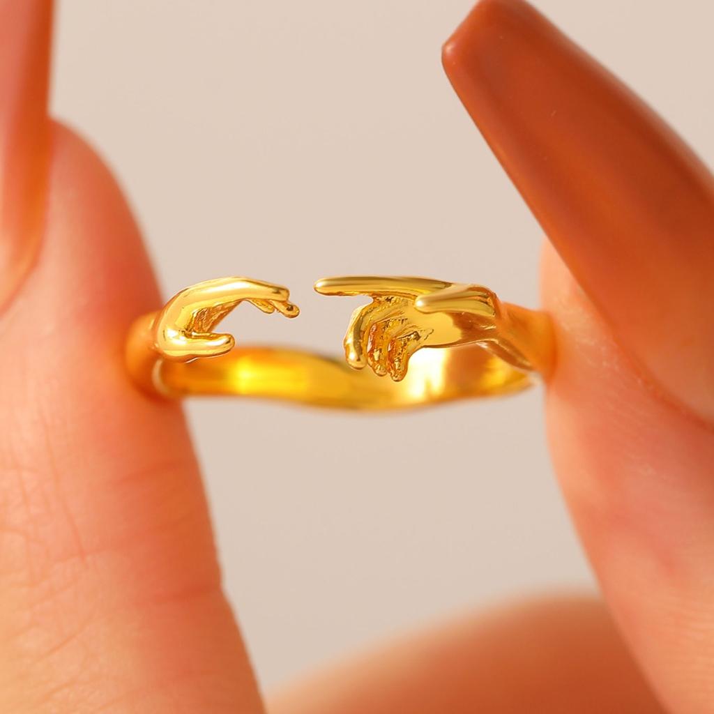 Creative Two Hands Shape Open Adjustable Ring Minimalist Unique Statement Finger Ornament for Women Daily Fashion Matching Jewelry