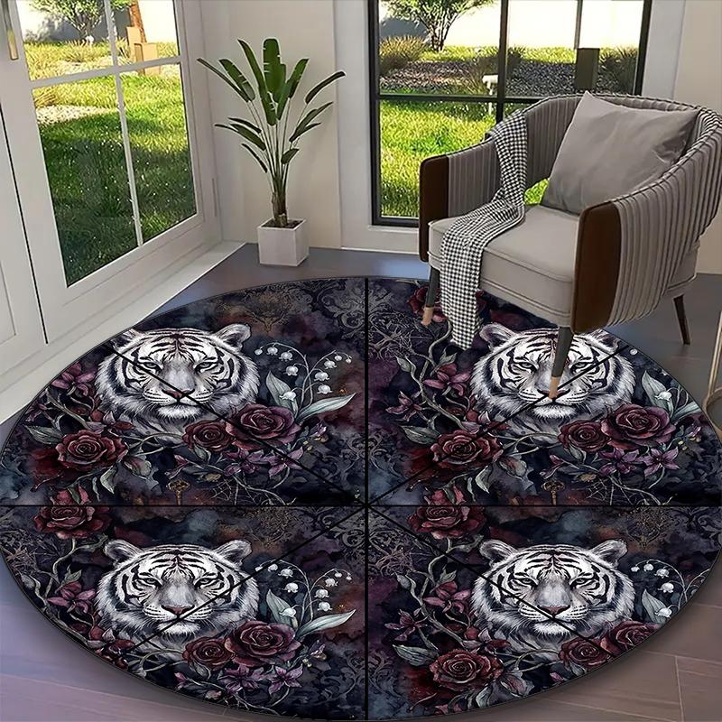 1pc Dark Floral Tigers Rug, Digital Printed Home Chair Sofa Mat, Durable Office Round Carpet, Beautiful Festival Decorations