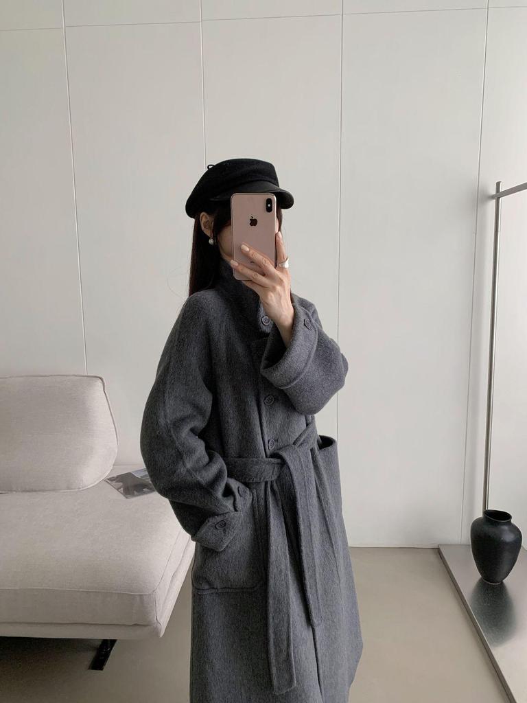 Korean Style Double-Faced Wool Coat with Stand-Up Collar, Tie-Waist, Extra-Long Design for Fall/Winter 2025
