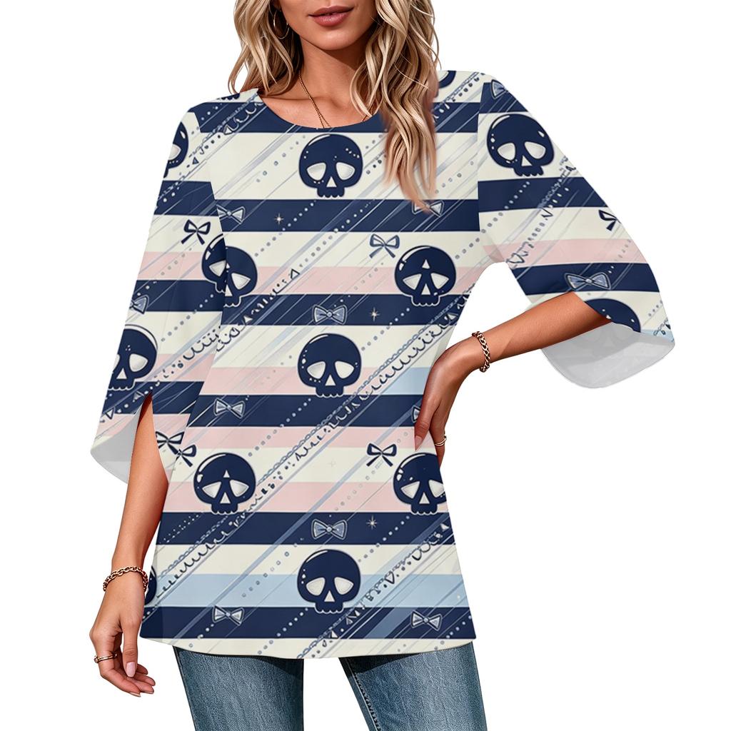 Women's Halloween Print Casual Top, Round Neck, Three-Quarter Sleeve, Loose Fit