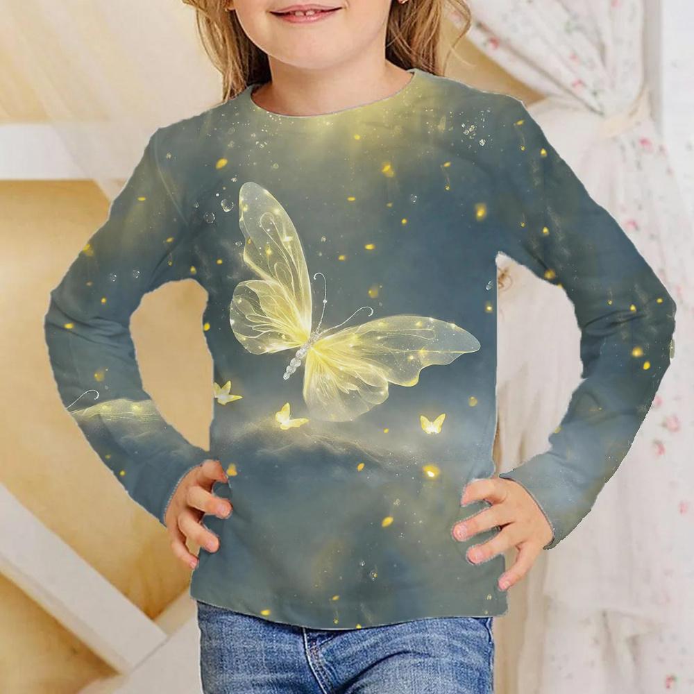 Children's Butterfly Pattern 3D Digital Printing Girl's Casual and Comfortable Round Neck Long Sleeve T-shirt