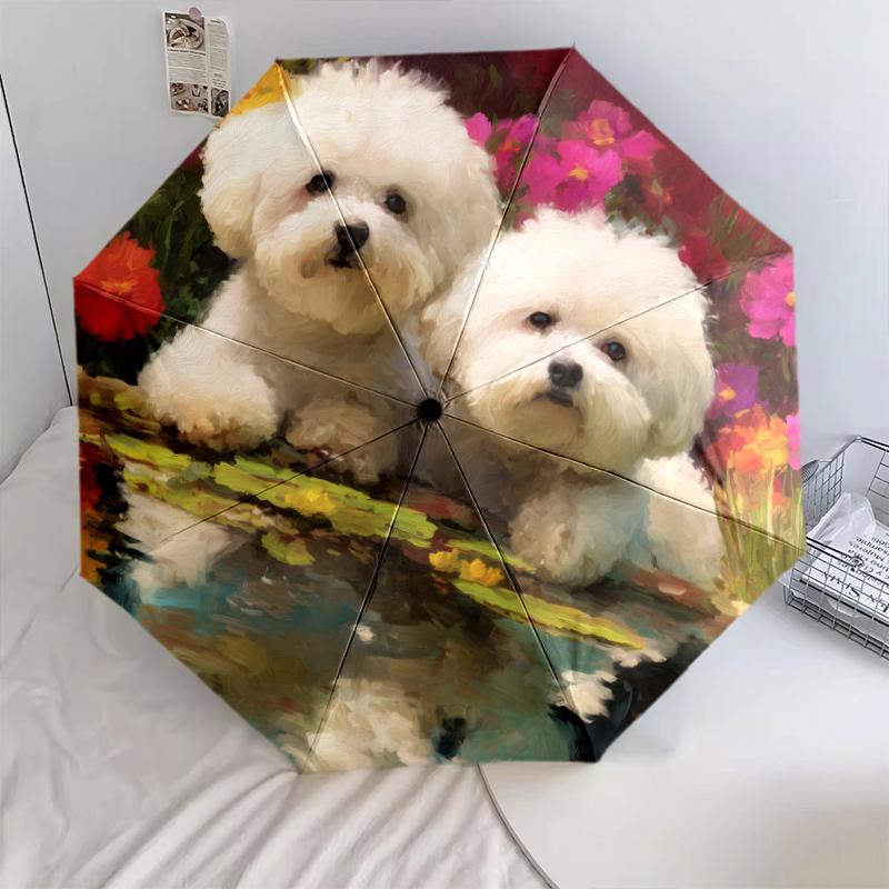 

Two Bichon pattern, automatic folding umbrella, portable and foldable design, 8 ribs, a Christmas or birthday gift.