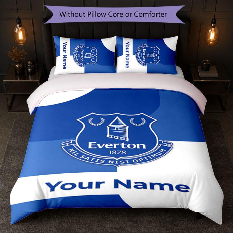 Everton FC Benutzerdefinierter Name Text Bettwäsche-Set 1 Bettbezug + 2 Kissenbezüge Fußball-Logo Personalisierte Geschenk für besonderen Anlass Schlafzimmer Dekor