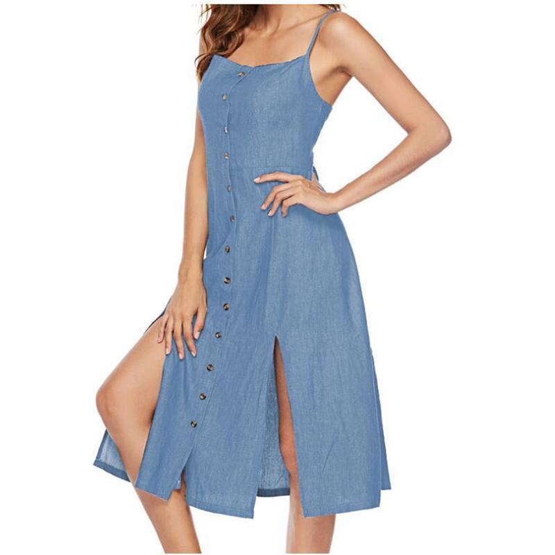 Buy Women Denim Dress Summer Summer Sleeveless Dress Elegant Work Casaul Blue Button Tank