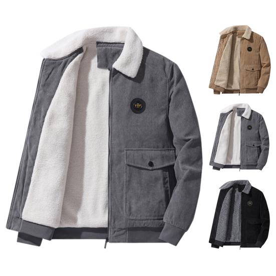 Men Cargo Jacket Solid Color Plush Lining Coldproof Autumn Winter Turndown Collar