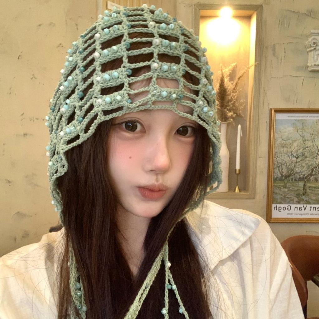 Niche design sense, handmade beaded bag head hat, female fringed hollow pullover hat, travel photo, ethnic style hat