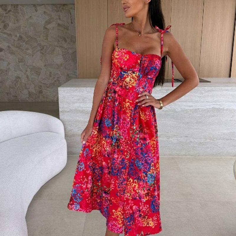 Mid-Length Sling Dress European and American Summer Tie Chest Pad Print Slim fit A Word Sleeveless Skirts Dress