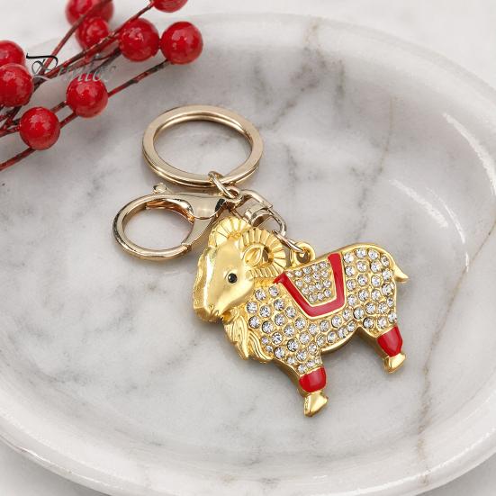 Key Charm Zodiac Keychain with Rhinestones, Sheep Design Bag Pendant, Chinese New Year Lucky Astrology Goat Accessory Charm, Feng Shui Ornament