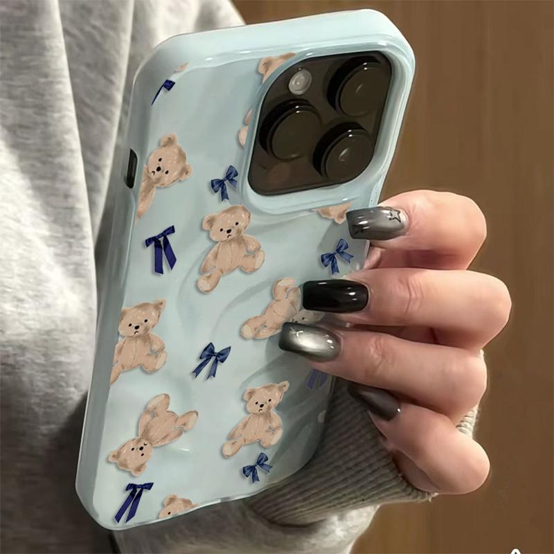 Adorable Cute Bear Pattern Folds Texture Phone Case For iPhone 17 16 15 Pro Max 14 Plus 13 12 11 16E 17 Air With Blue Bows Cover