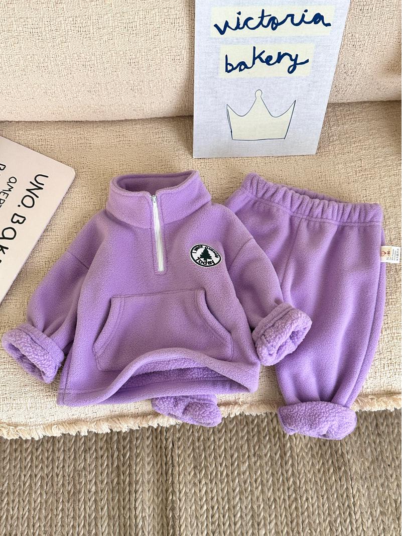 

Детский флисовый костюм на осень/зиму - Утепленный теплый спортивный костюм в корейском стиле для мальчиков и девочек, 2024. 80cm фиолетовый