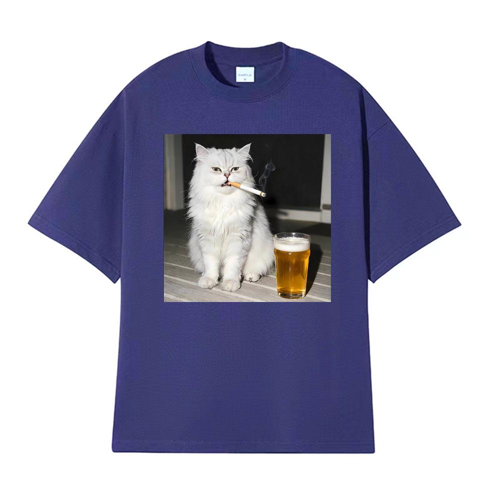 Funny Persian Cat Smoking and Drinking Beer Vintage Tshirts Mens Women Casual Cotton T Shirt Fashion Cool Short Sleeve Tshirt