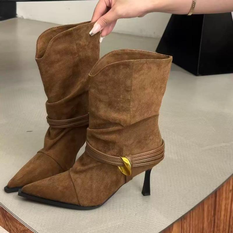 Mode Nieuwe Hoge Hak Puntige Neus Geplooide Suède Stapellaarzen Metalen Gesp Vetersluiting Instapper Mode Enkellaarsjes voor Dames