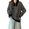 Women's Fleece-Lined Striped Half-Zip Polo Hoodie, Korean & Hong Kong Style, Loose Fit, Retro Chic, Perfect for Autumn & Winter