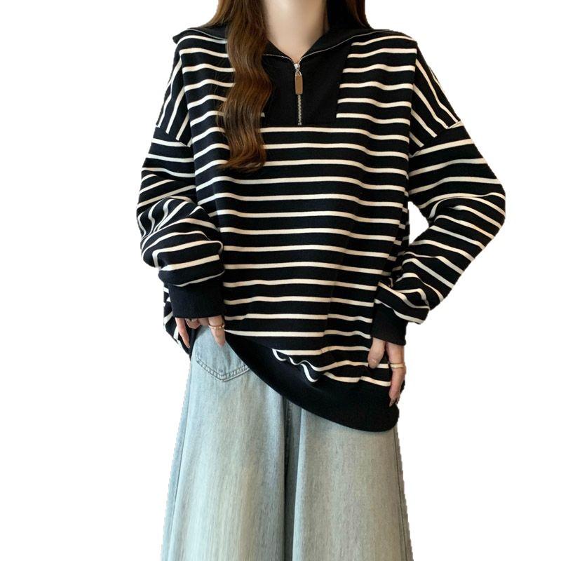 Women's Fleece-Lined Striped Half-Zip Polo Hoodie, Korean & Hong Kong Style, Loose Fit, Retro Chic, Perfect for Autumn & Winter