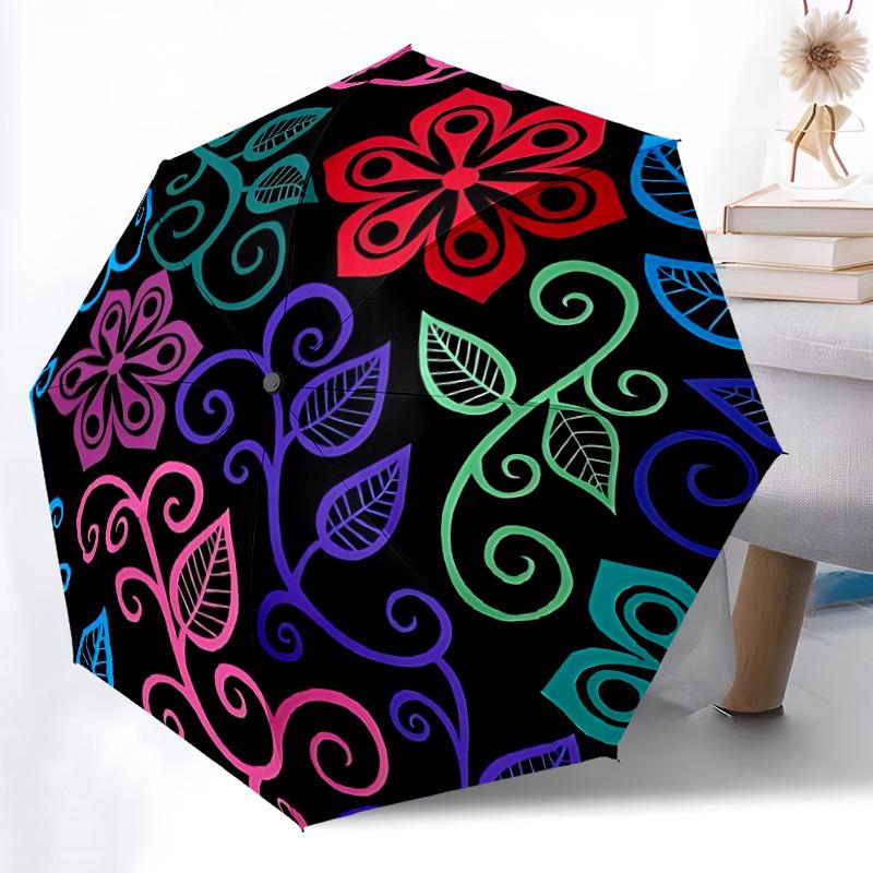 1pc Floral Pattern Automatic Umbrella - Stylish, Durable, with 8-Rib Manual Open Design, Elegant Black Handleyy250920152