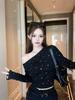 Women's Autumn Cold Shoulder Rhinestone T-shirt with Unique Ruching