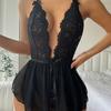 Sexy European & American Lace Mesh Deep V Backless Bodysuit Lingerie