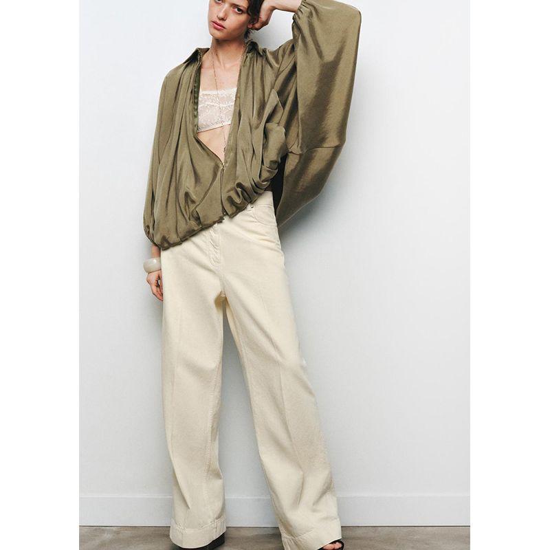 Spring New Women's Clothing Lapel Long Sleeves Ruched Hem Puffy Pilot Jacket Outwear 2814404