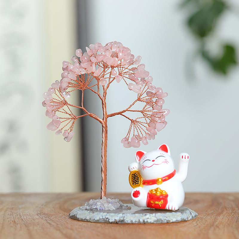 Yellow Lucky Cat Crystal Tree Ornament with Agate Chips for DIY Car Decoration