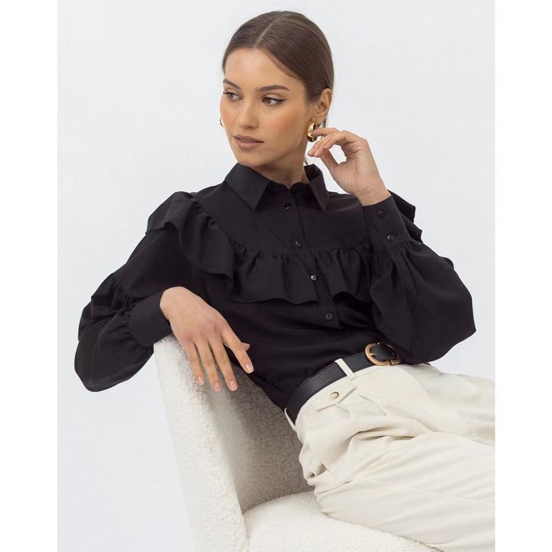

Fashion Style New Arrival Ruffles Shirt Temperament Wild Solid Color Shirt Temperament Ruffle Shirt Black L