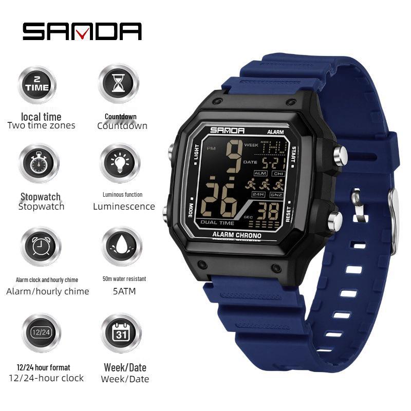 Sanda Sports Waterproof Square Electronic Watch for Teens - Unisex Fashionable and Simple Design