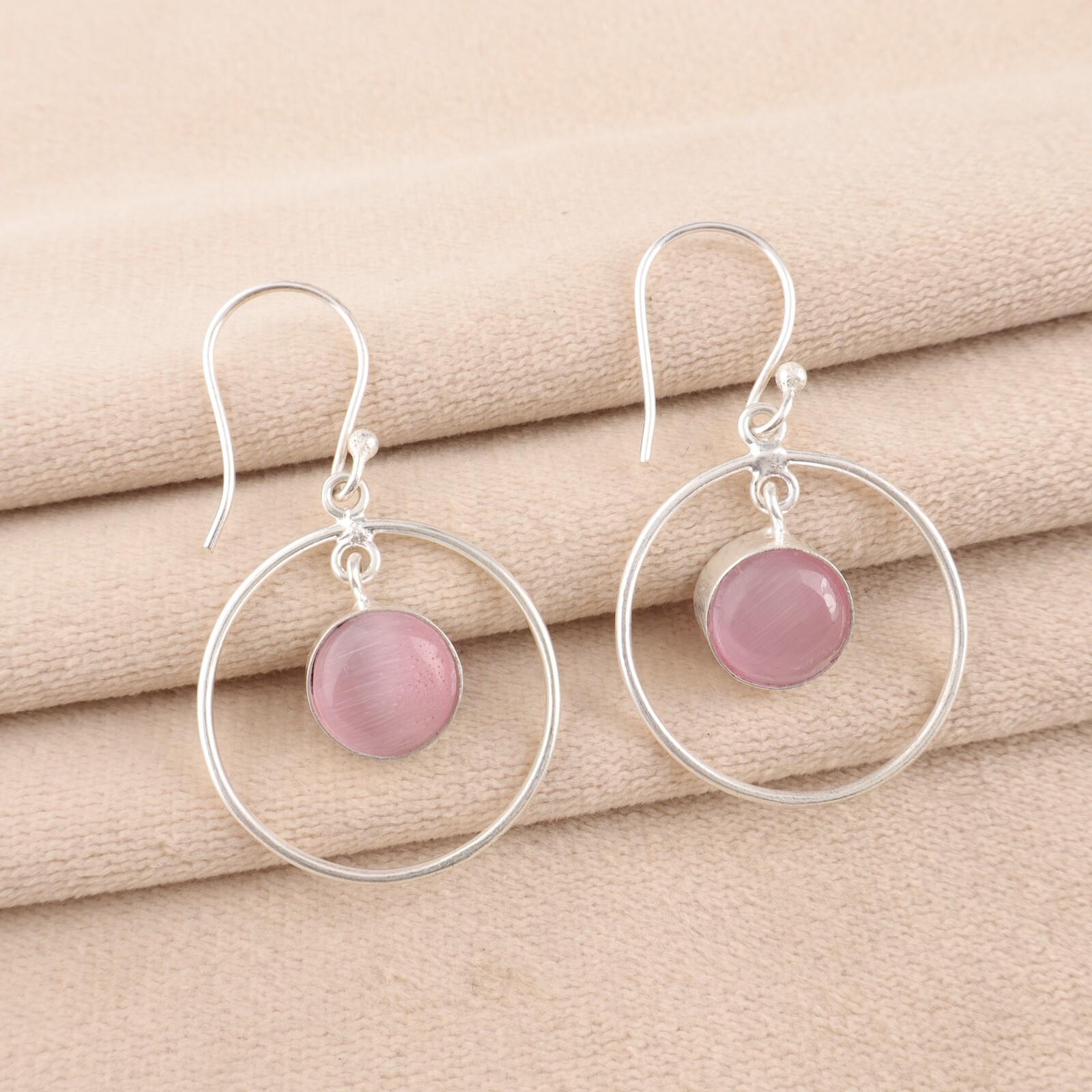 

Розовый камень Кошачий глаз Ювелирные изделия из стерлингового серебра 925 пробы Ручной работы Серьги 1,60 EE-5-48