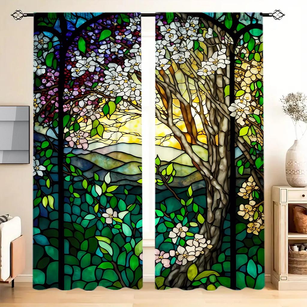 Tained Glass Tree Window Printed Curtain Home Decor Treatment Bedroom Office Kitchen Curtains Set Of 2 Made Polyester With Rod Pocket Sleeping Area