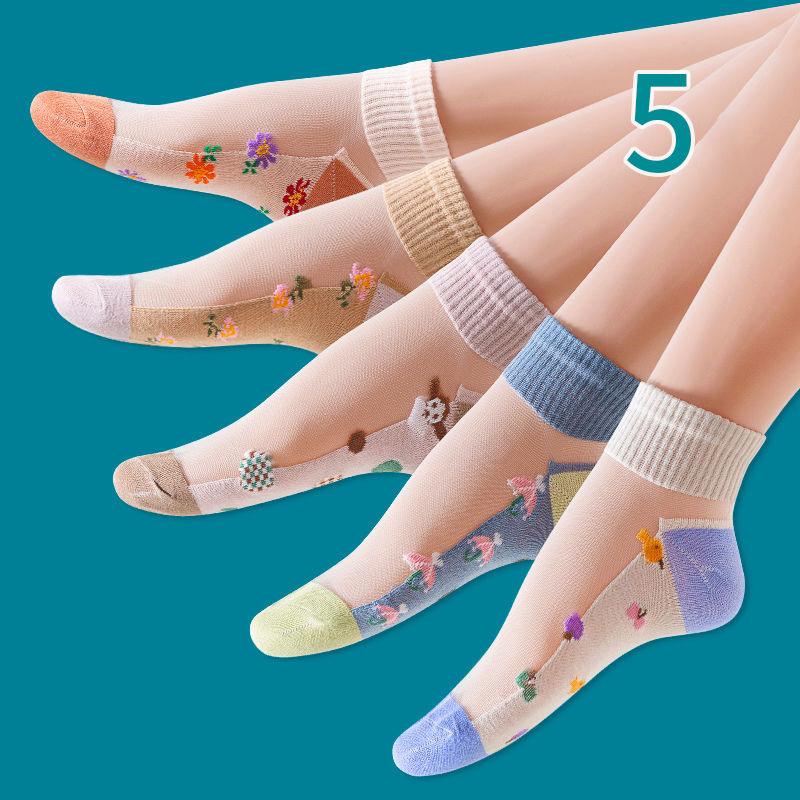 5 Pairs Women Socks Harajuku Summer Cartoon Lace Ankle Sock Casual Socks Transparent Elastic School Girl Short Socks