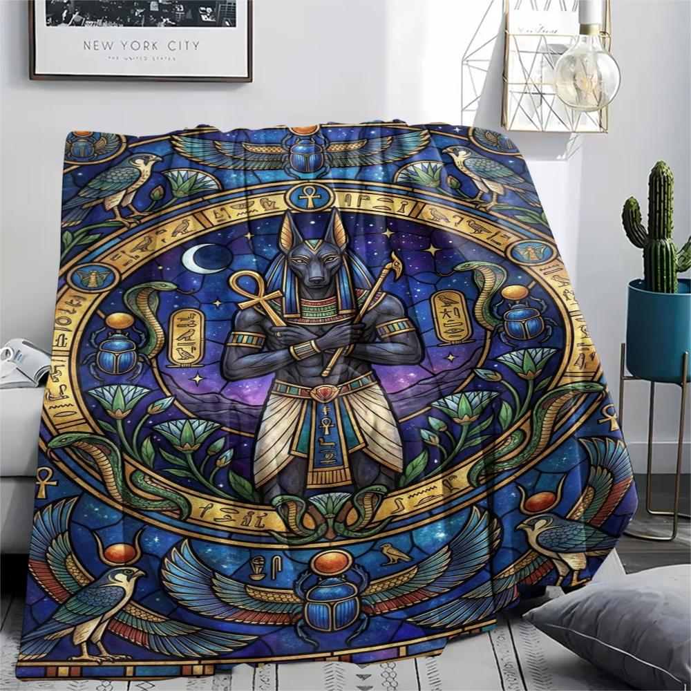 1Pc Anubis Print Flannel Blanket, High quality Comfortable for All Seasons, Home Decor, Warmth and Comfort, Perfect for Christmas Gifts W87