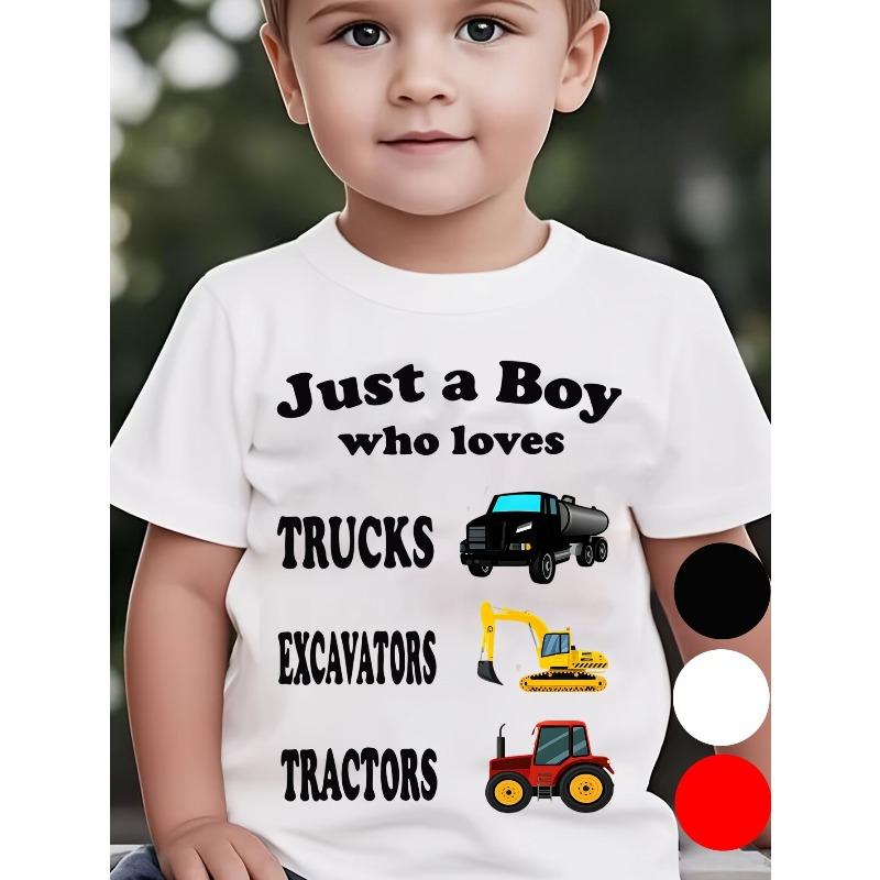 Boys Just a Boy Who Loves Trucks Excavators Tractors Graphic Crewneck Tee 110