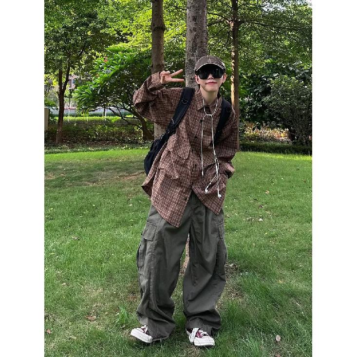 Japanese-Style Retro Large Pocket Plaid Long-Sleeved Shirt Men and Women Vintage Multi-Pocket Couple Contrast Color Shirt Coat