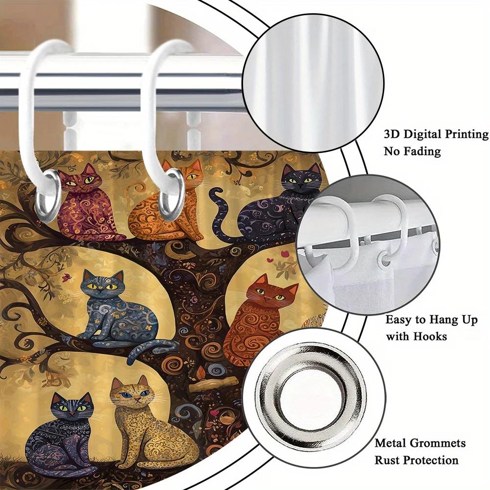 Whimsical Cats On Tree Branches Shower Curtain - 9 Unique Feline Designs, Golden & Black Swirls, 12 Hooks, Fantasy Bath Decor