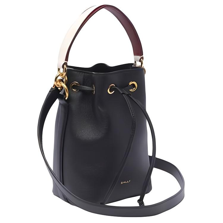 Bally Drawstring Closure Solid Color Brand Logo Calfskin Handbag Women Handbags Black WAU01FVT607U9010