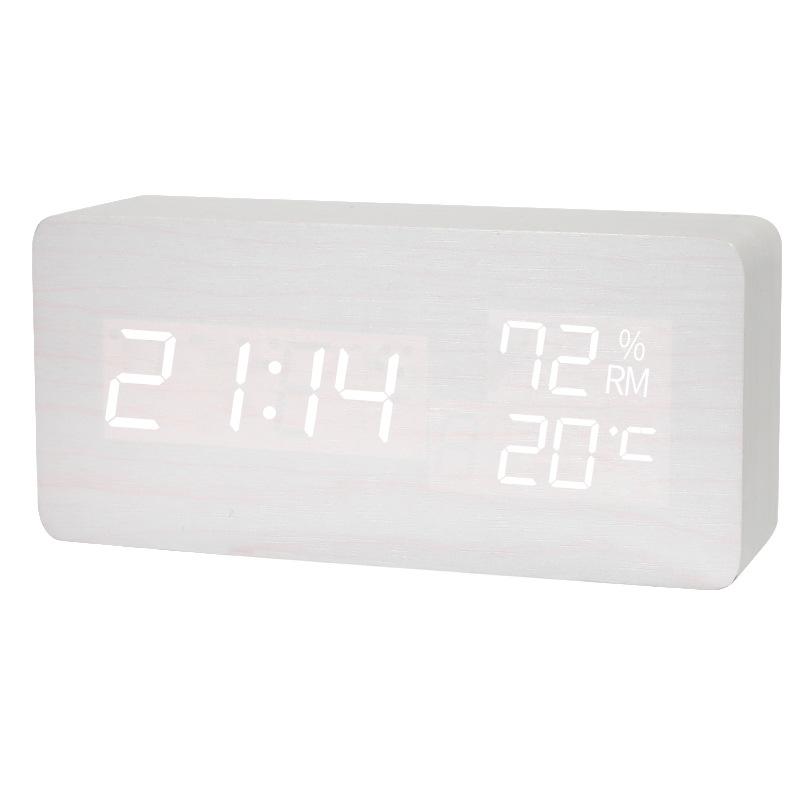 

Wooden LED Silent Alarm Clock Temperature Humidity Date Night Mode 3 Alarms Brightness Adjustment 12/24H Home Decor Clock білий