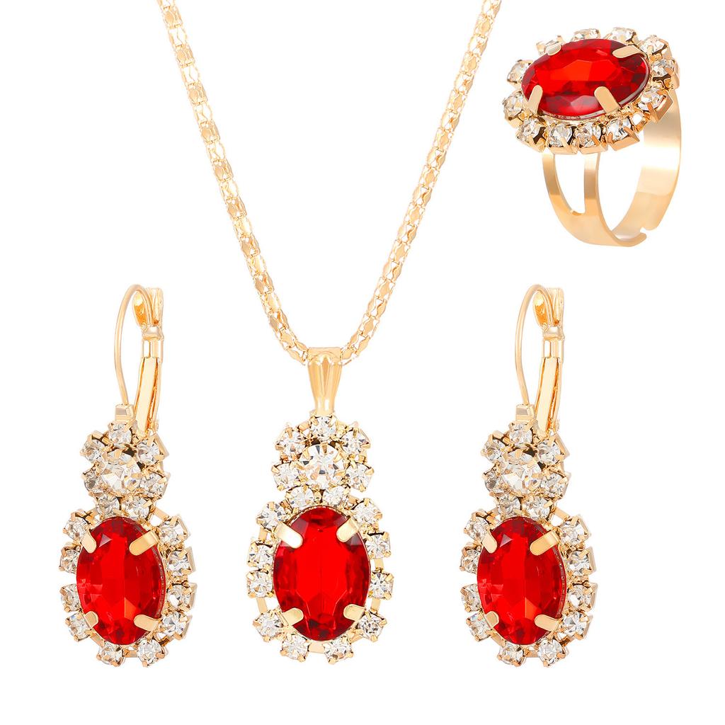 3Pcs Copper Oval Cut Cubic Zirconia Necklace Earrings Rings Set Trendy Banquet Daily Date Zircon Set Gift for Women Girls Her