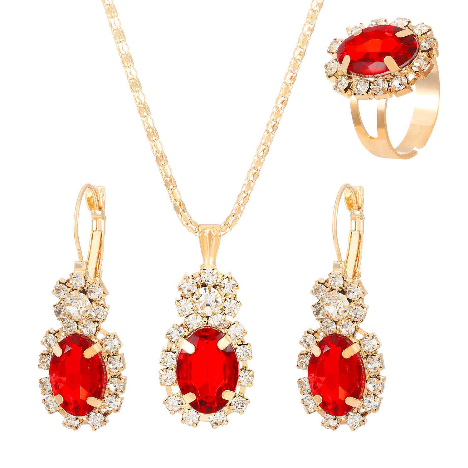 

3Pcs copper Oval Cut Cubic Zirconia Necklace Earrings Rings Set Trendy Banquet Daily Date Zircon Set Gift for Women Girls Her червоний