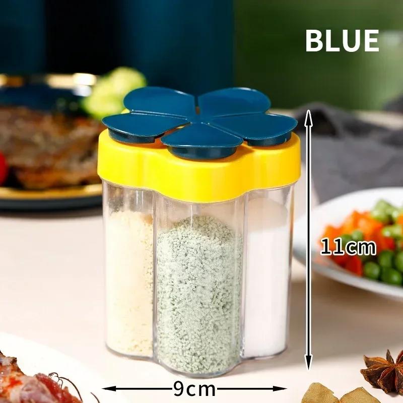 5 in 1 Klappdeckel Gewürzstreuer Salz Zucker Flasche Behälter Spender Werkzeuge für Barbecue Transparenter Behälter Kräuter Gewürz Organizer blau