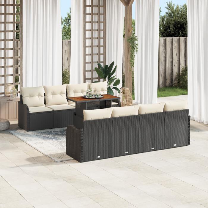 Ensemble de Canapés de Jardin 9 Pièces avec Coussins Noir en Rattan Poly, Canapé de Jardin 2 Places avec Coussins Noir 3349431
