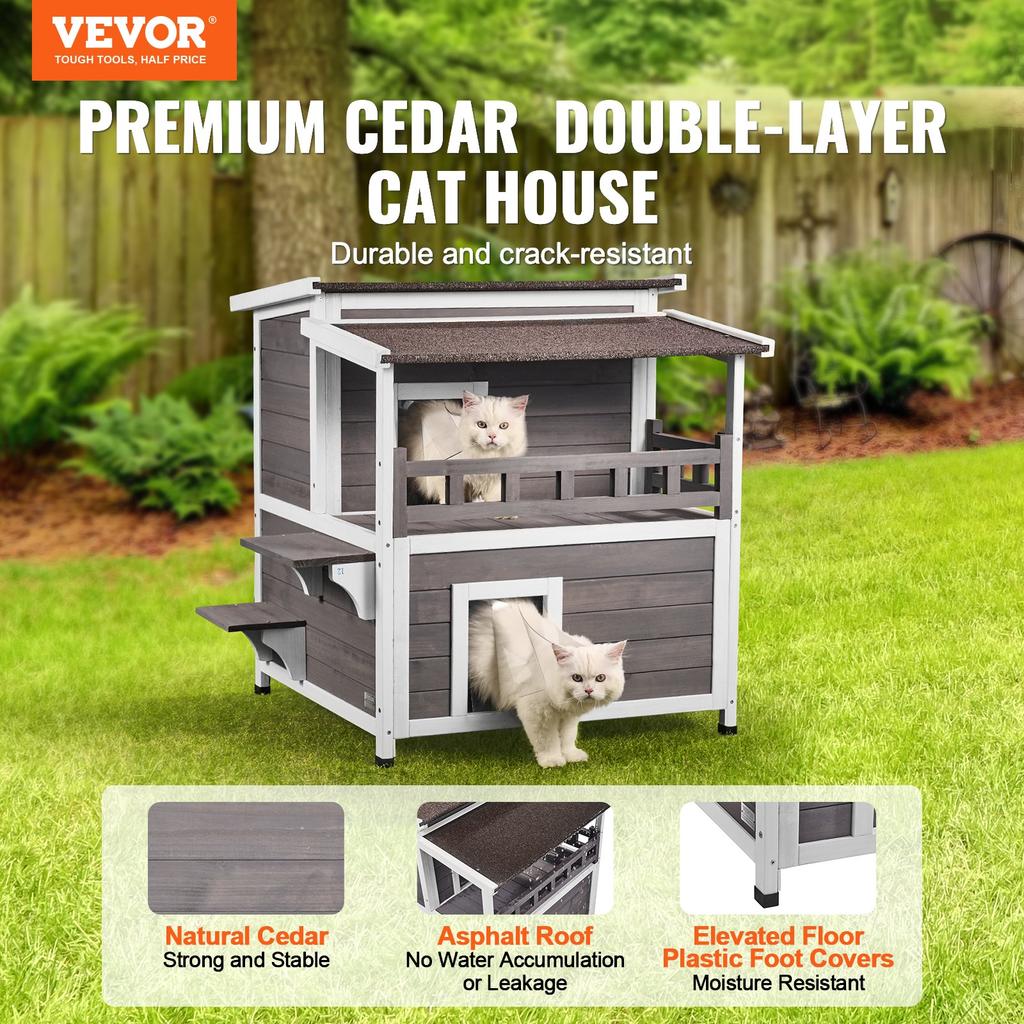 VEVOR Outdoor Cat House Weatherproof, Feral Cat Shelter for Multiple Cats, 2-story Large Outdoor Wooden Cat House with Balcony, Doors