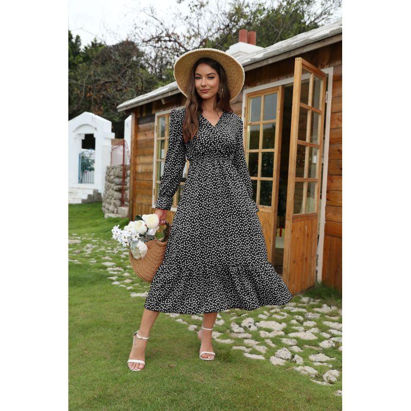 

Осенне-зимнее платье с принтом в горошек, модный стиль, элегантность, пэчворк, приталенное, с V-образным вырезом, длинными рукавами, праздничное платье, платье-тренд Black 2XL