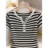 Korean Striped Collar Short Sleeve Knit Top - Women's Summer Casual Fashion Slimming Tee