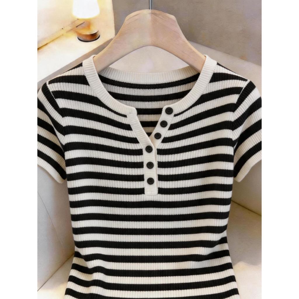 Korean Striped Collar Short Sleeve Knit Top - Women's Summer Casual Fashion Slimming Tee