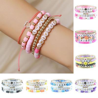 5Pcs/Set Lover Elastic Bracelet Letter Print Polymer Clay Beads Bracelet Summer Beach Bohemian Layering