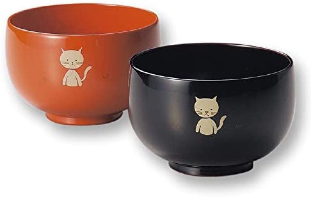 Nomura Lacquerware, Echizen Lacquerware, Cat and Child Couple Soup Bowls, Black and Vermilion, Pair, 904304