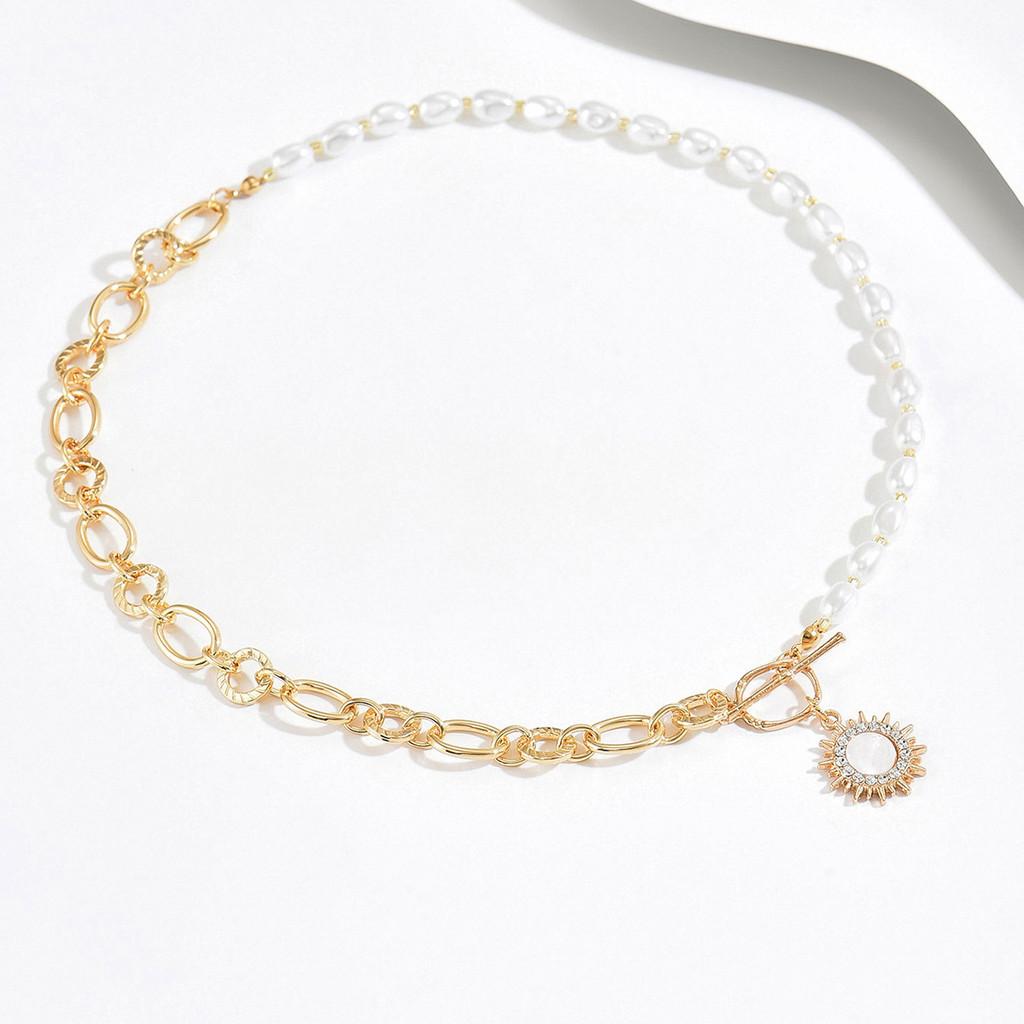 Chain Necklace With Faux Pearl Pendant And Sun Star Motifs For Women