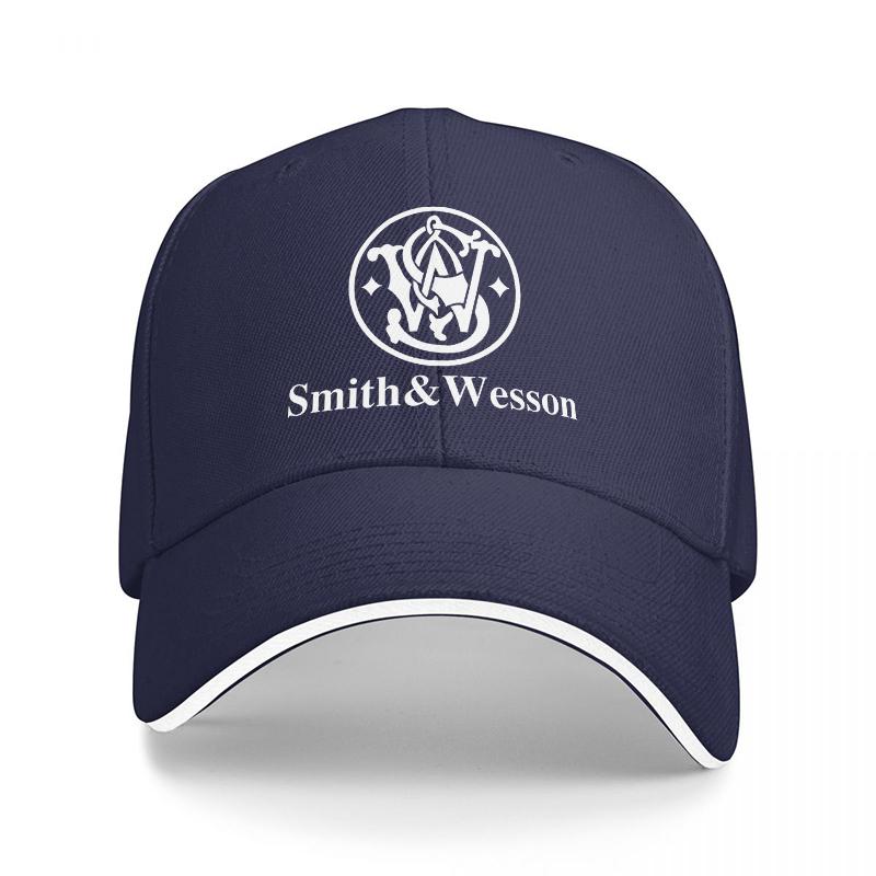 Smith Wesson Logo Embroidered Baseball Cap Black Classic Adjustable Hat with White Trim and Brand Emblem Design