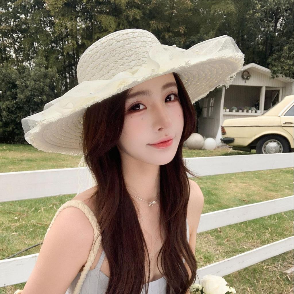 2026 Summer Straw Hat Children'S Seaside Beach Sunscreen Hat Mesh Bow Vacation Breathable Sun Hat