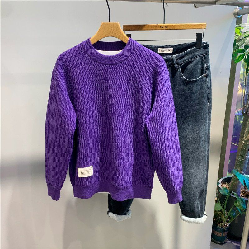 

Осень Зима Новый Повседневный Вязаный Свитер с Круглым Вырезом Модный Брендовый Мужской Пуловер Однотонный Теплый и Универсальный Свитер 4XL фиолетовый