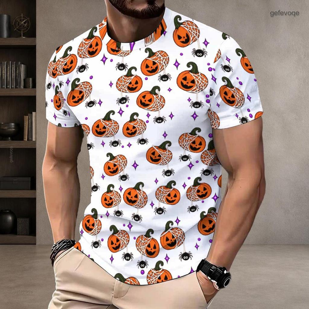 Men Plus Size Round Neck Short Sleeve T Shirt Halloween Ghost Bat Printed White Straight Hem Pullover