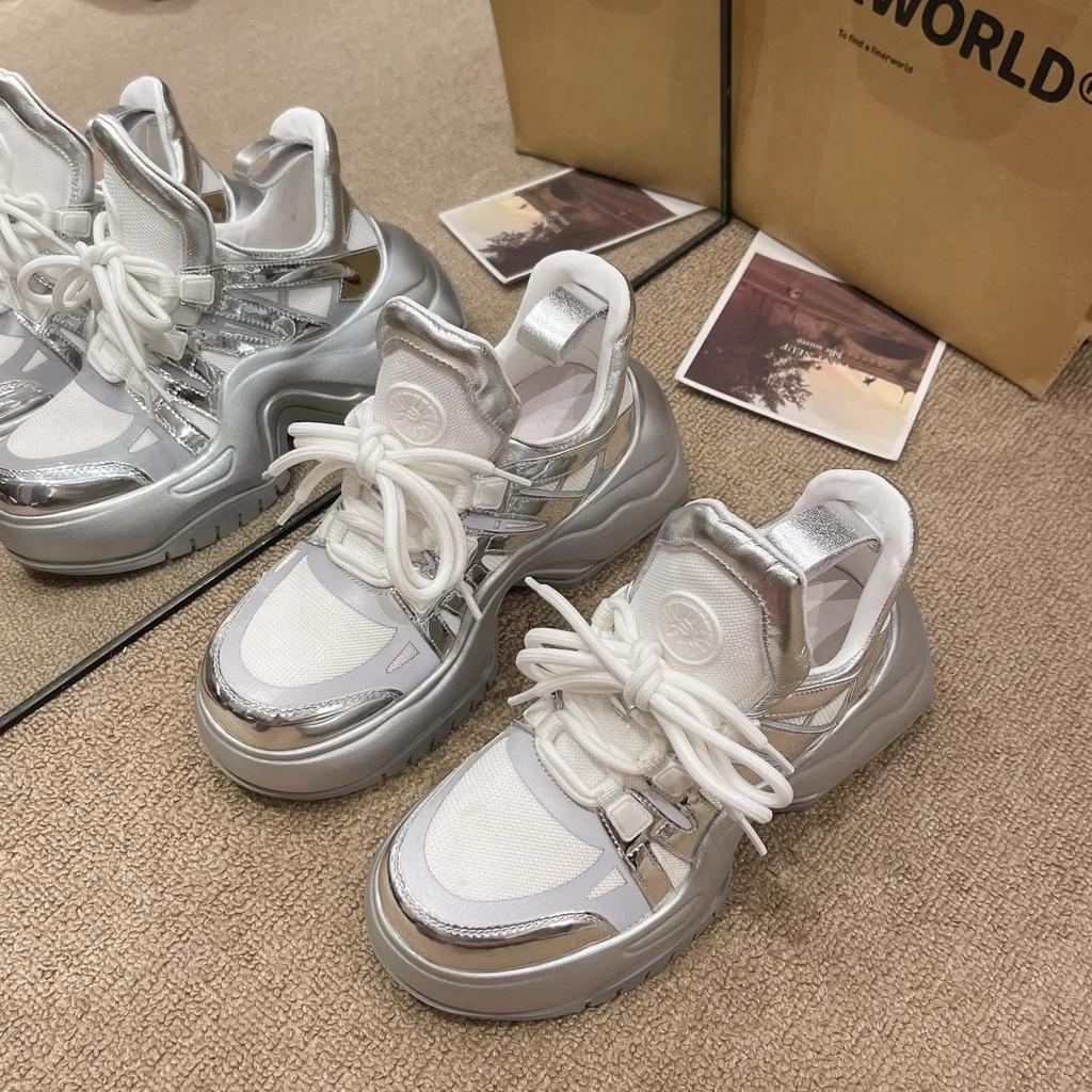 Chunky Sneakers for Women Spring Autumn New Thick Bottom Vulcanized Shoes Woman Mesh Breathable Lace Up Platform Sneakers2024